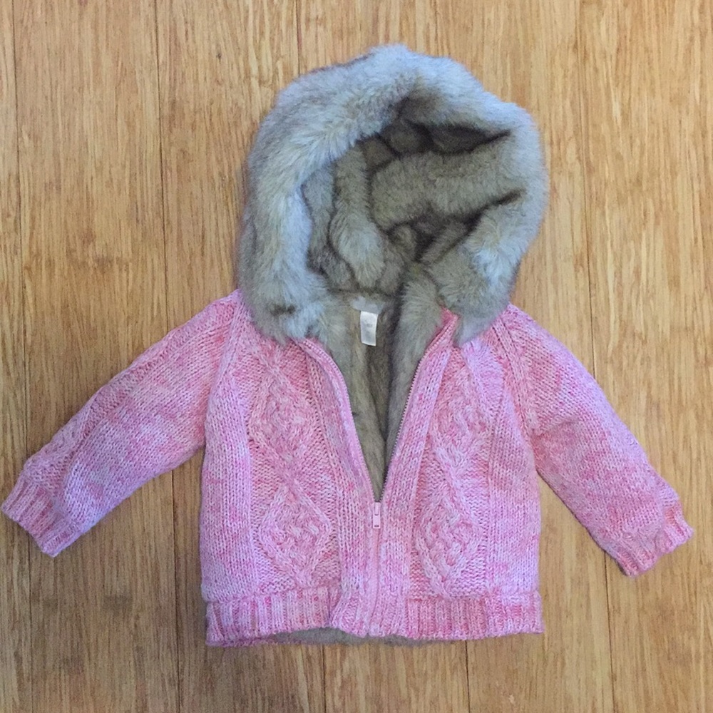 Fur lined pink hooded zip up sweater